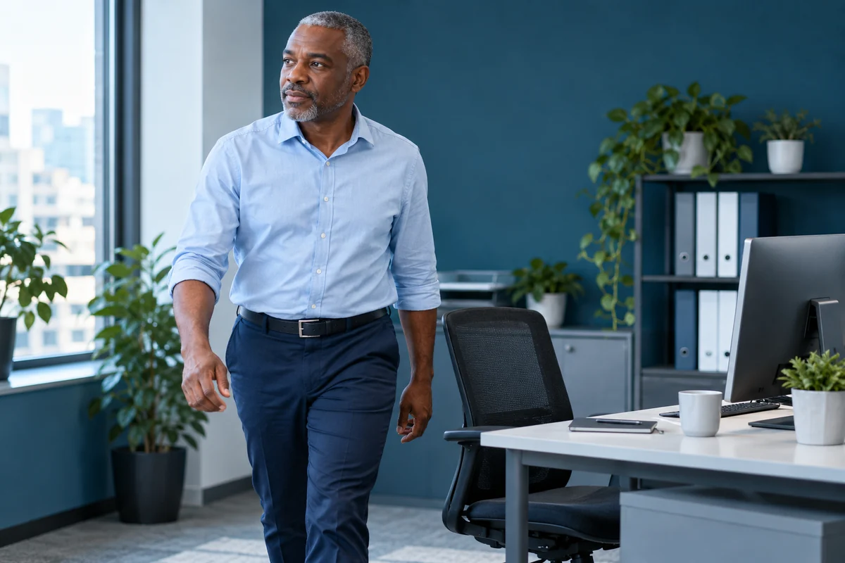 Un homme fait une pause en quittant son bureau.