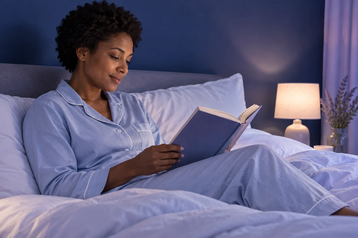 Une femme lit au lit en début de soirée.