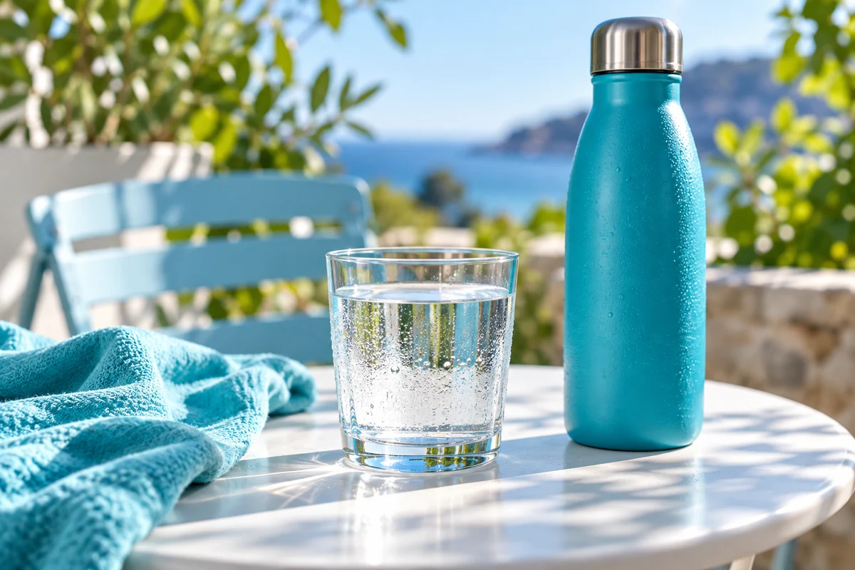 Une gourde turquoise et un verre d’eau sur une terrasse.